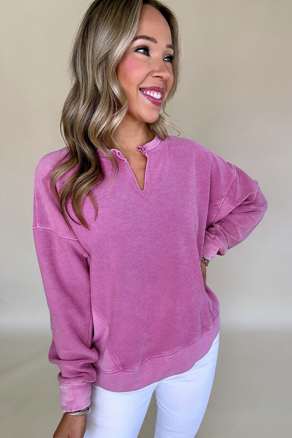 Bright Pink Notched Neck Exposed Seam Drop Shoulder Sweatshirt