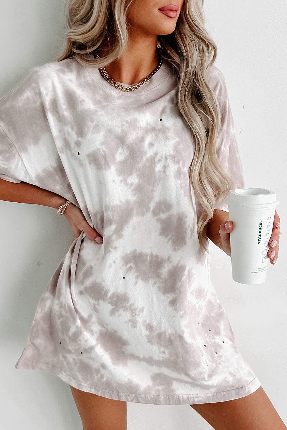 White Tie-dye Print Oversized Boyfriend T Shirt