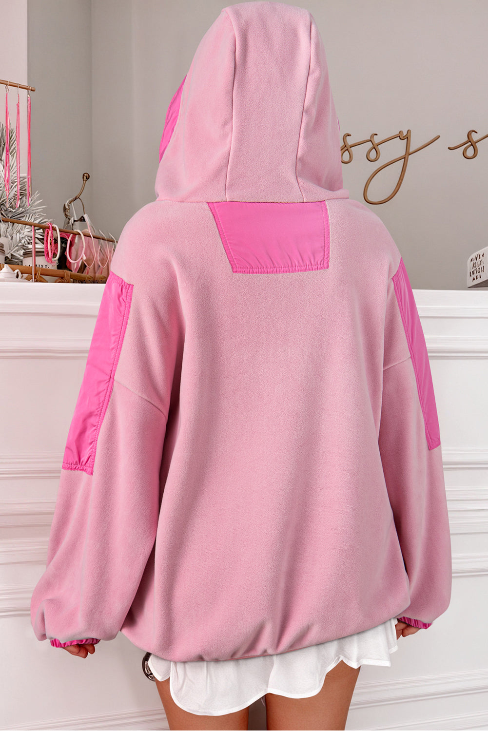 Pink Patchwork Half Zip Oversized Sherpa Hoodie