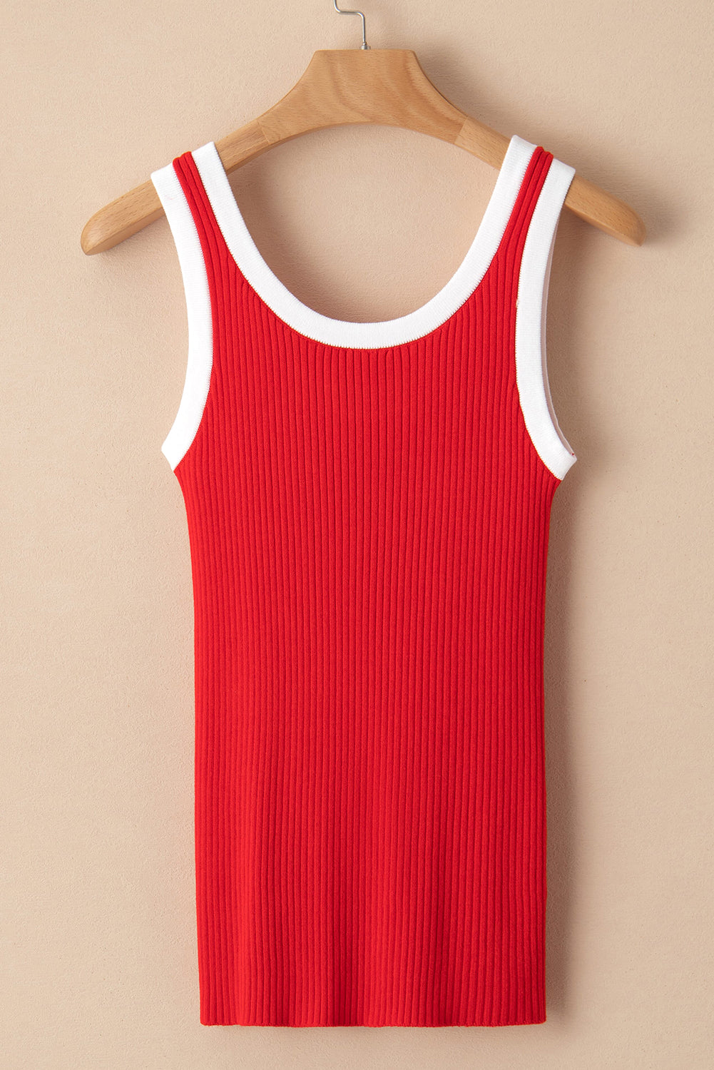 Fiery Red Contrast Trim U Neck Ribbed Knit Tank Top