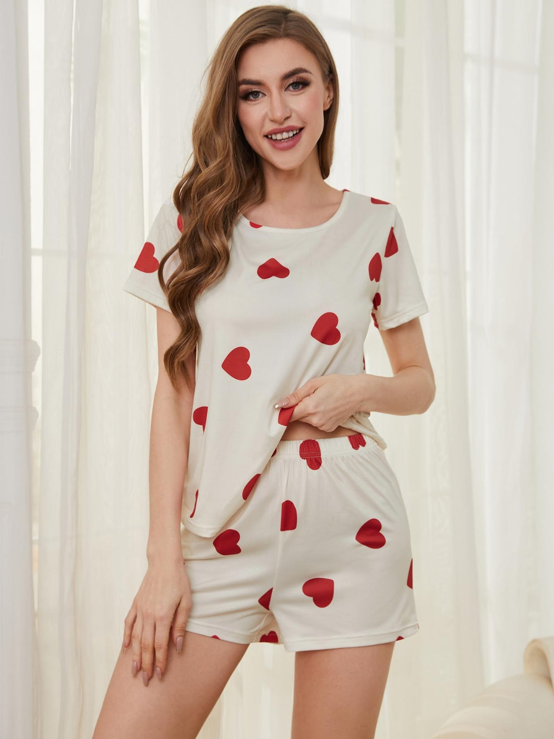 Heart Round Neck Top and Shorts Lounge Set