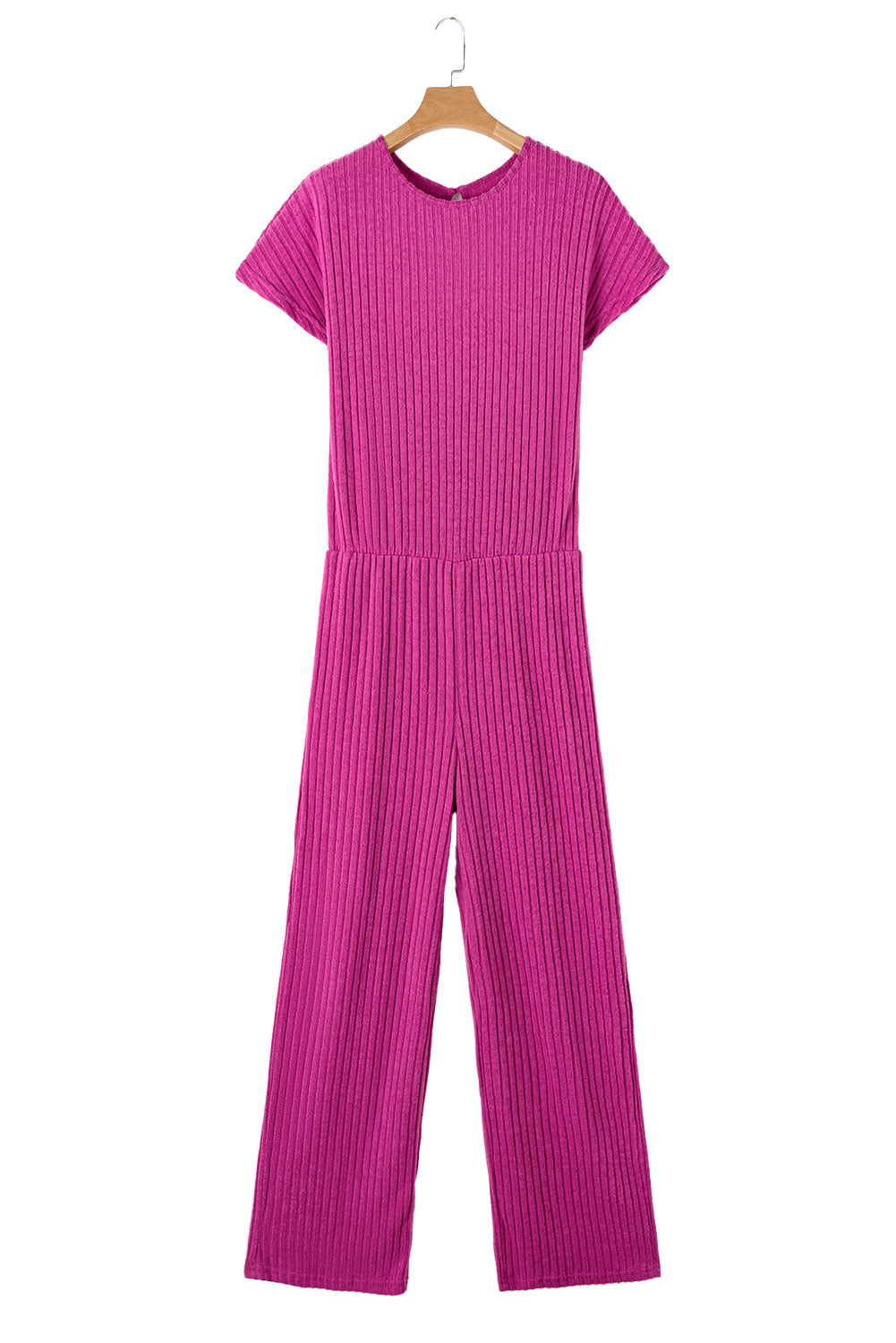 Rose Red Solid Color Ribbed Short Sleeve Wide Leg Jumpsuit