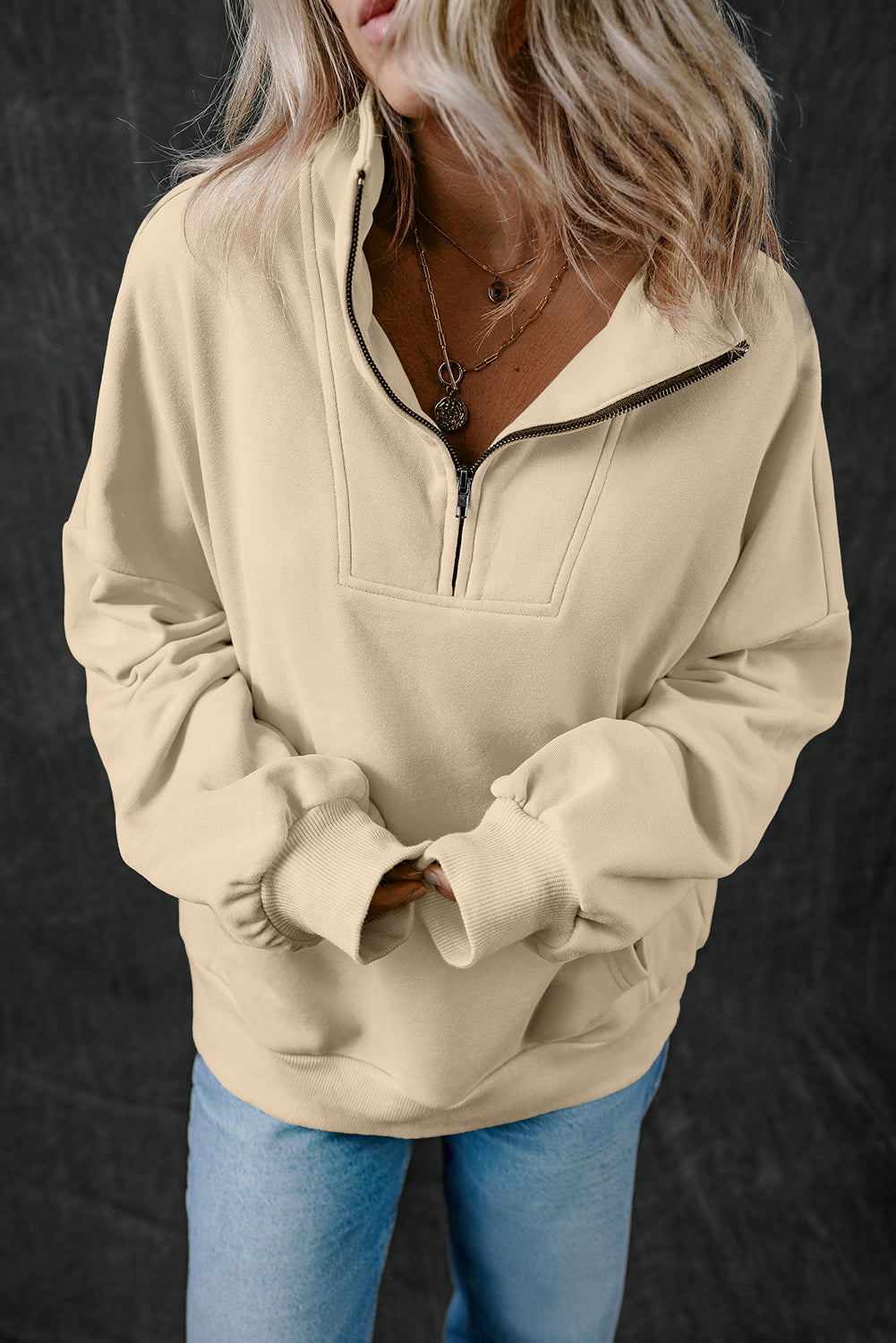 Light Grey Zip-up Stand Neck Kangaroo Pocket Sweatshirt