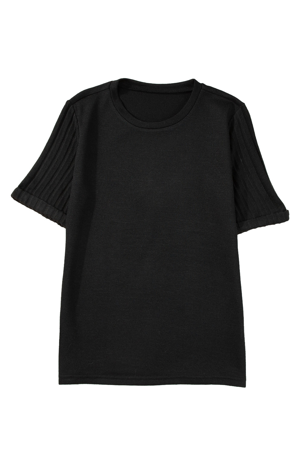 Black Ribbed Splicing Short Sleeve Round Neck T-shirt