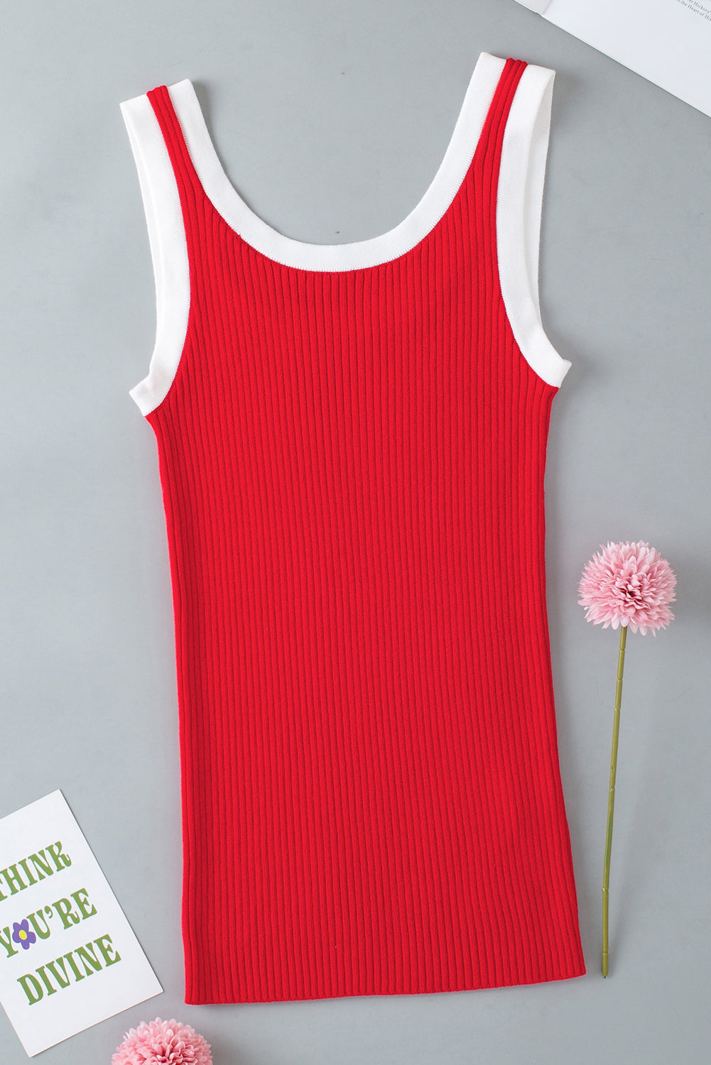 Fiery Red Contrast Trim U Neck Ribbed Knit Tank Top