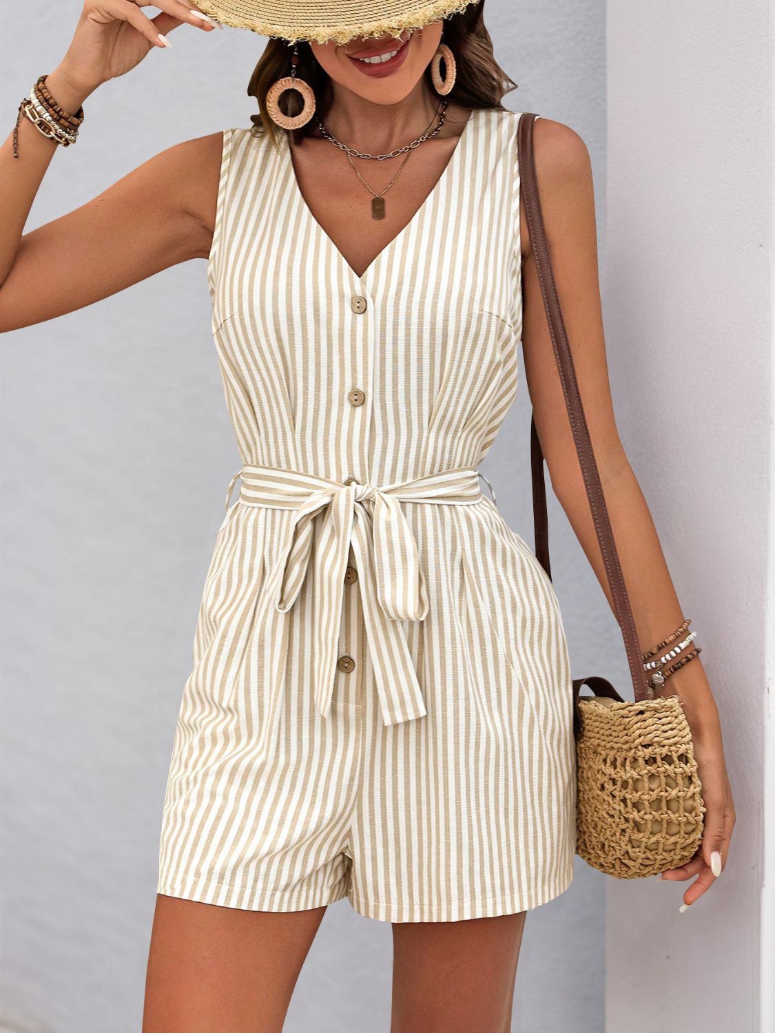 Perfee Striped V-Neck Tie Waist Romper