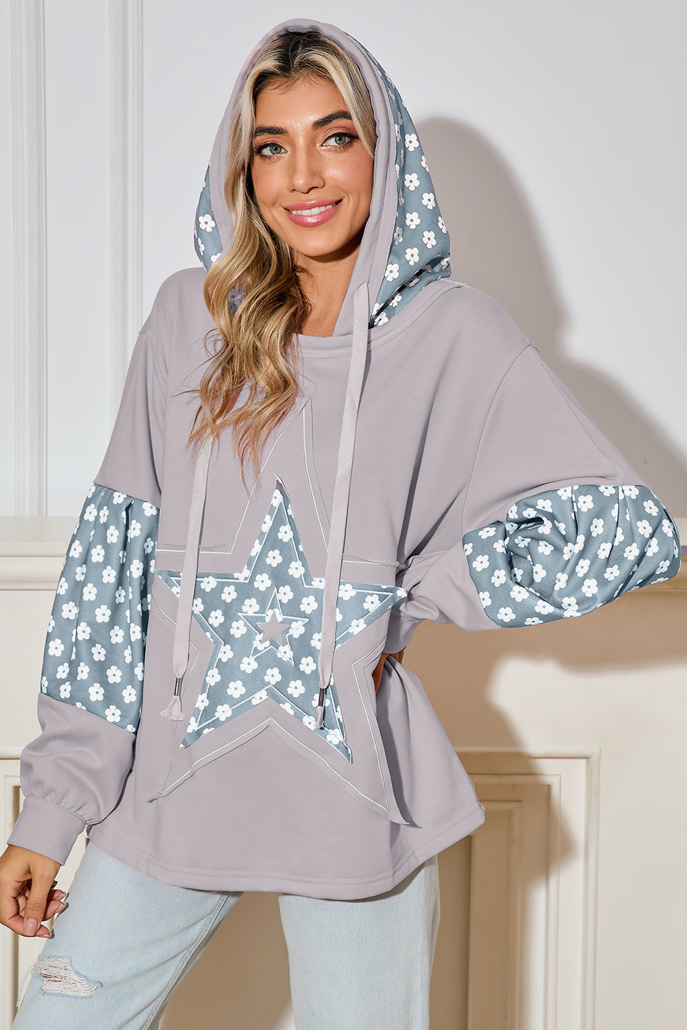 Apricot Floral Patchwork Star Pattern Drawstring Hoodie