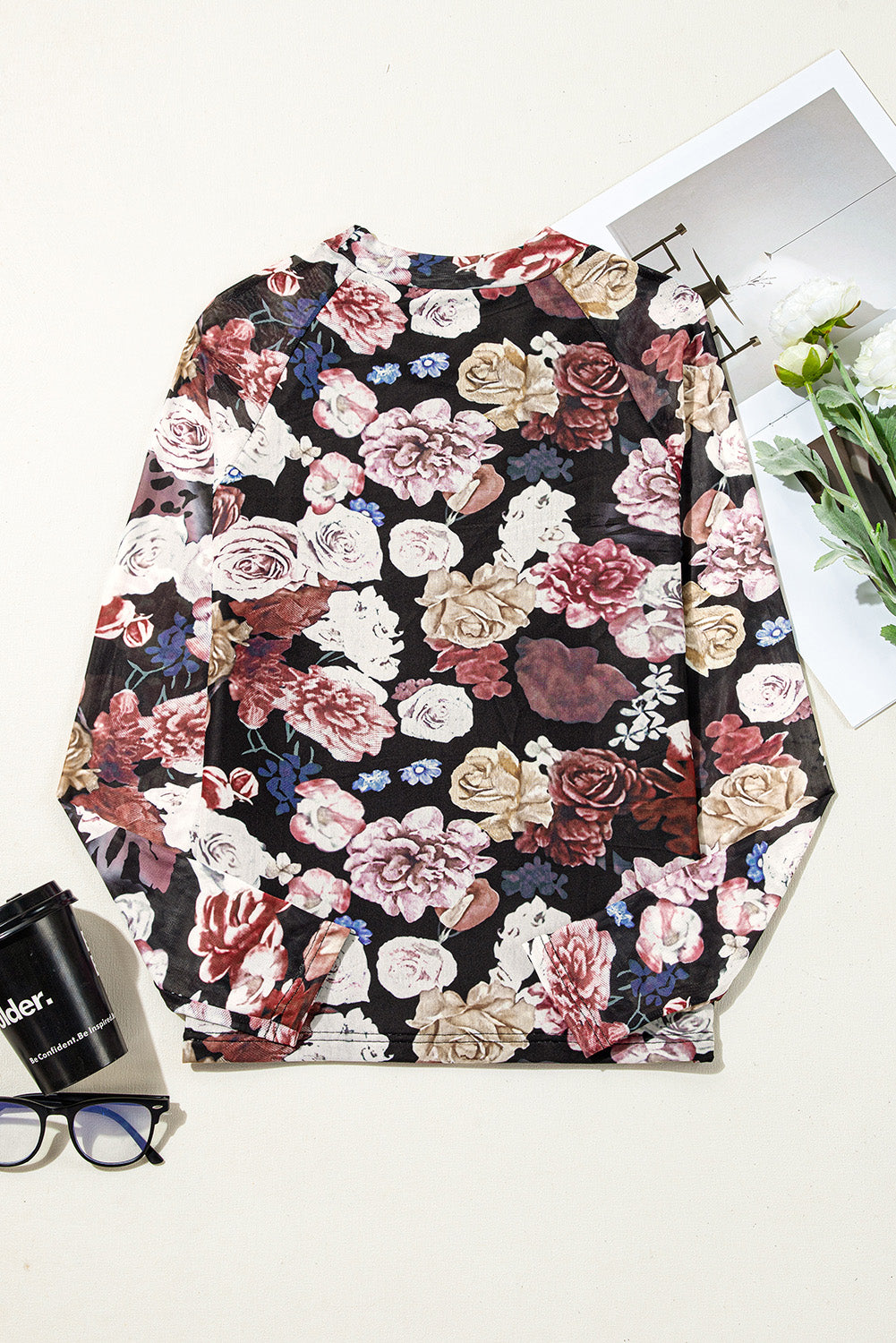 Floral Mock Neck Long Sleeve Mesh Top