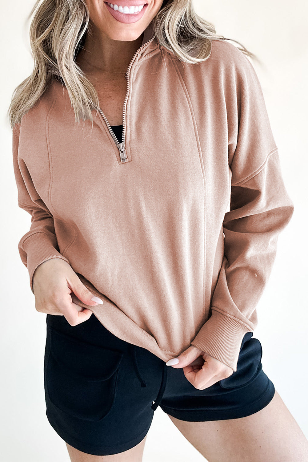 White Zipper Collared Drop Shoulder Plain Sweatshirt