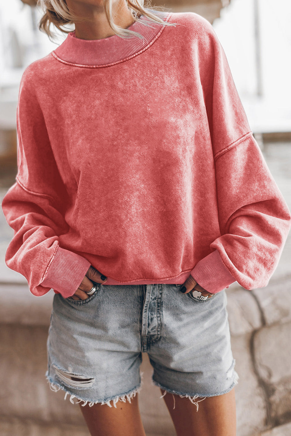 Blue Plain Drop Shoulder Crew Neck Pullover Sweatshirt