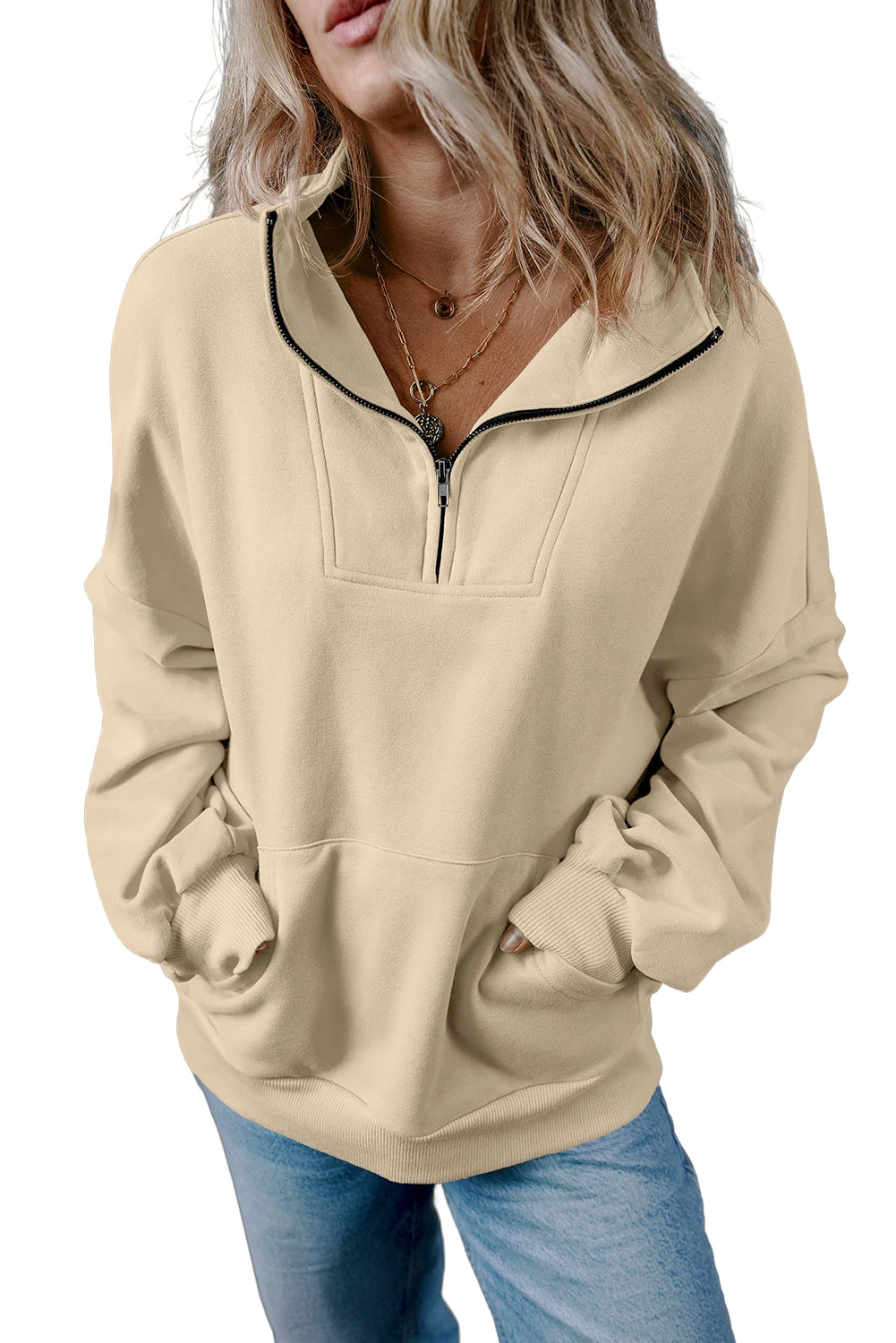 Light Grey Zip-up Stand Neck Kangaroo Pocket Sweatshirt