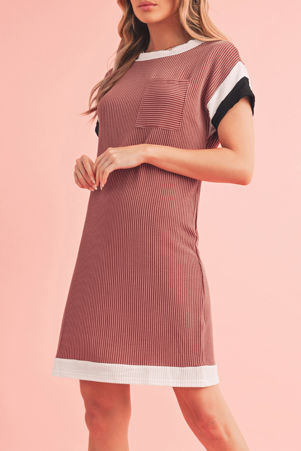 Light French Beige Rib Textured Colorblock Pocket T Shirt Dress