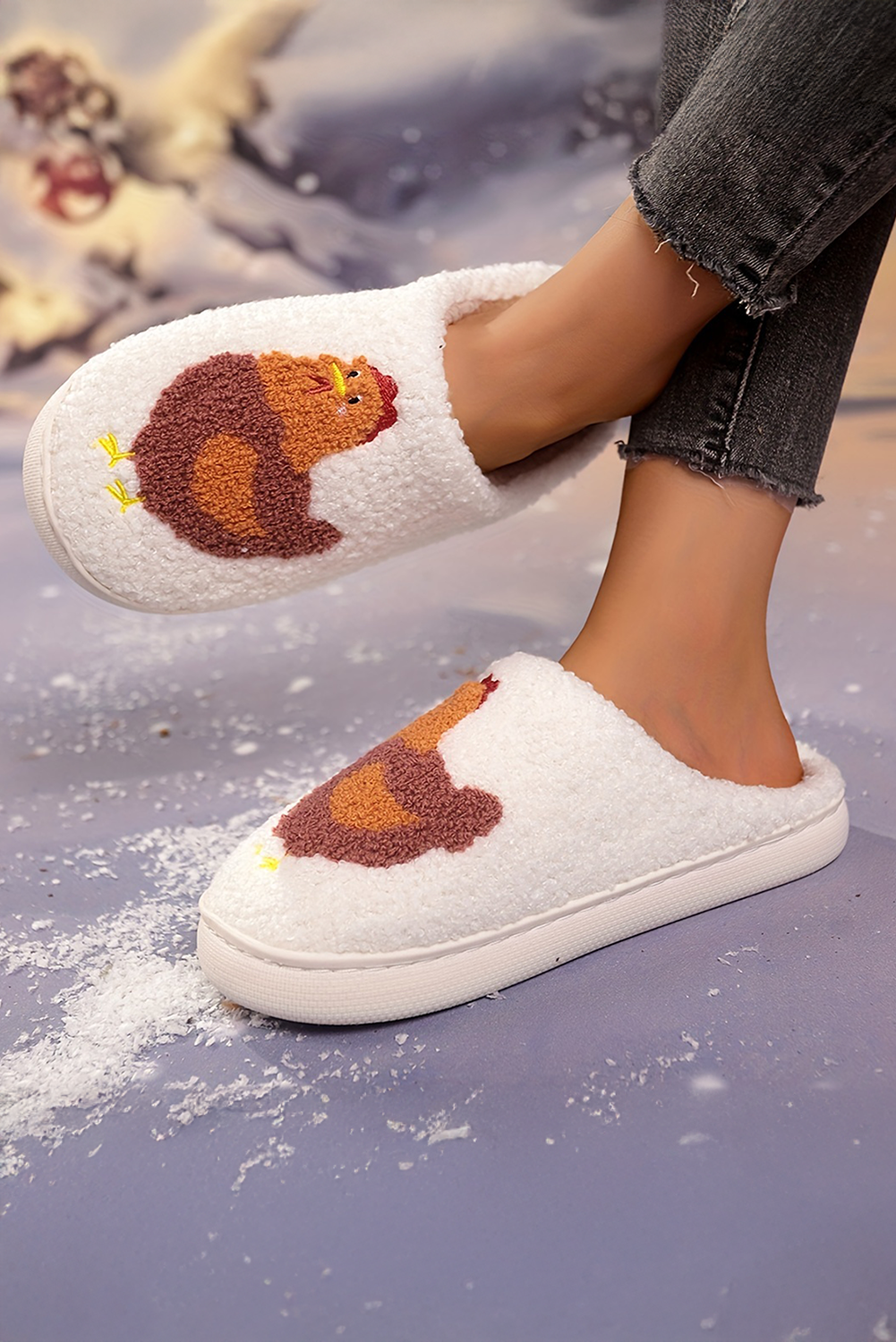 White Cute Turkey Fuzzy Winter Slippers