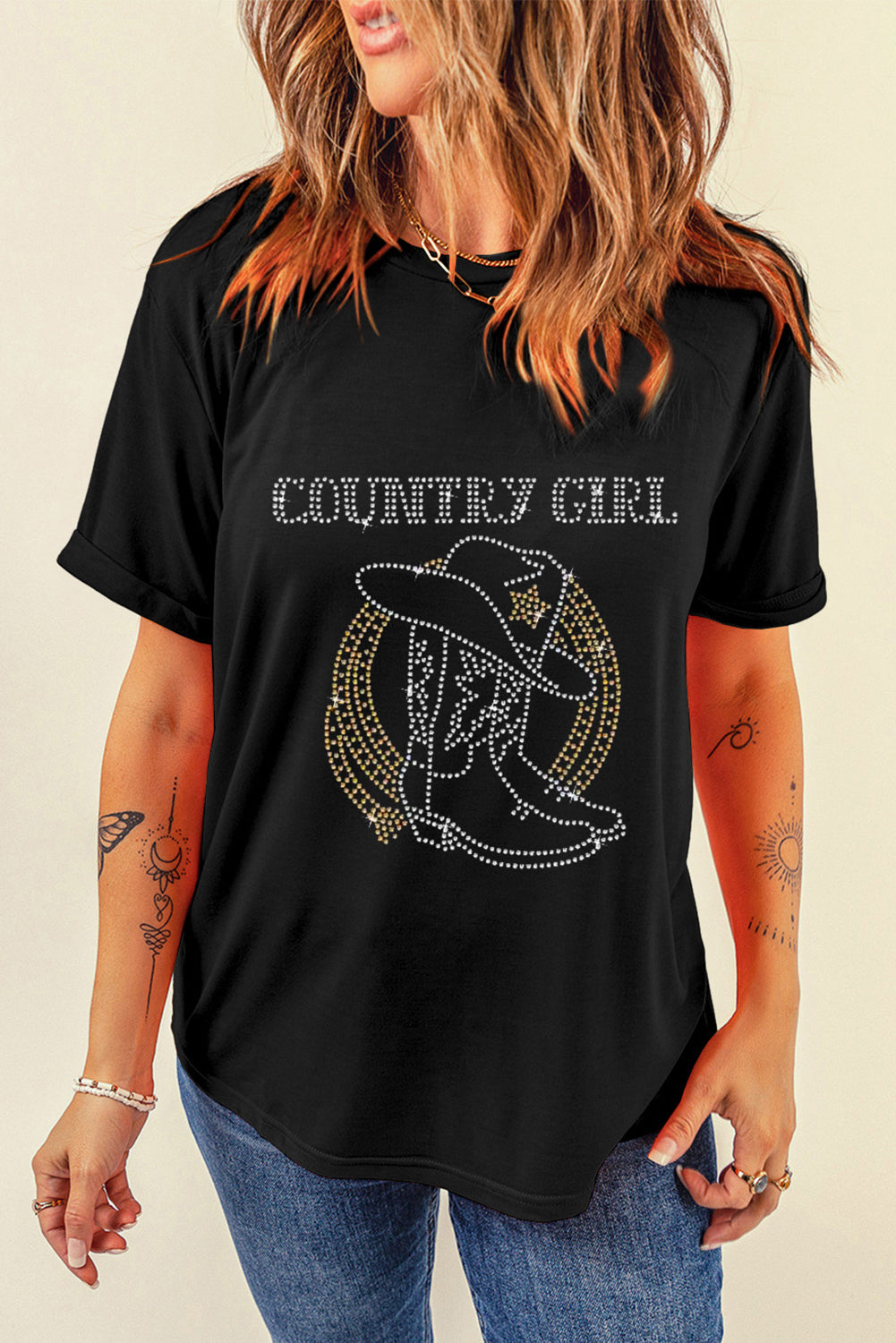 Black Rhinestone COUNTRY GIRL Boots Graphic T Shirt