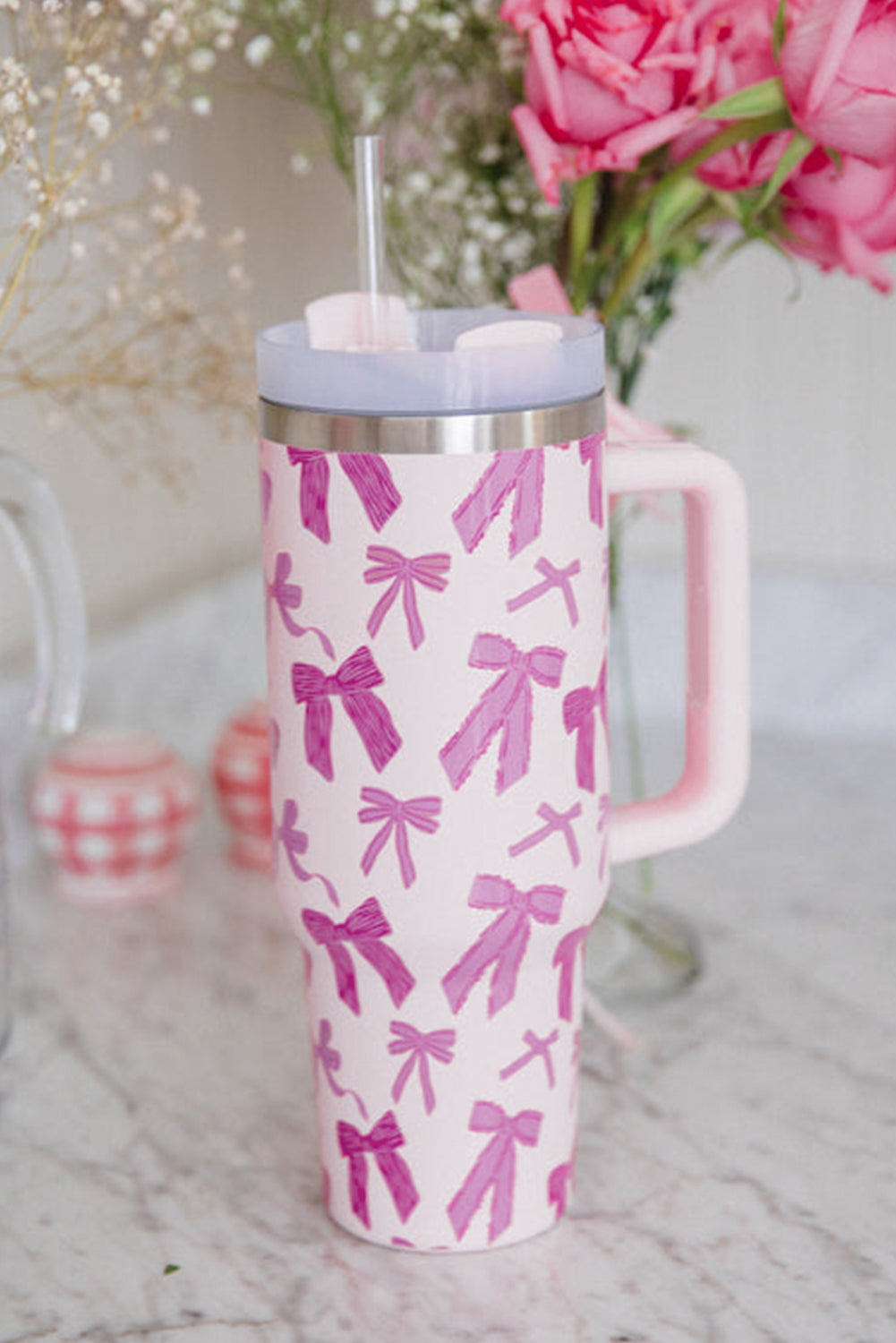 Pink Cute Bowknot Printed Tumbler with Handle 40oz