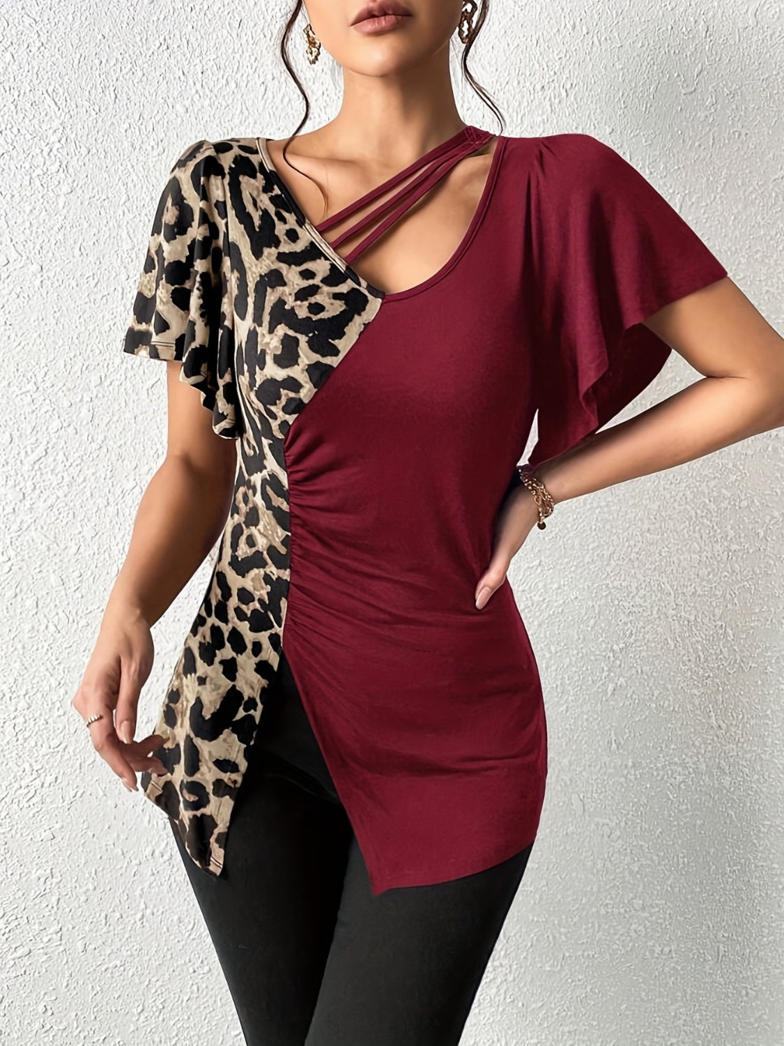 Ruched Leopard Flutter Sleeve T-Shirt