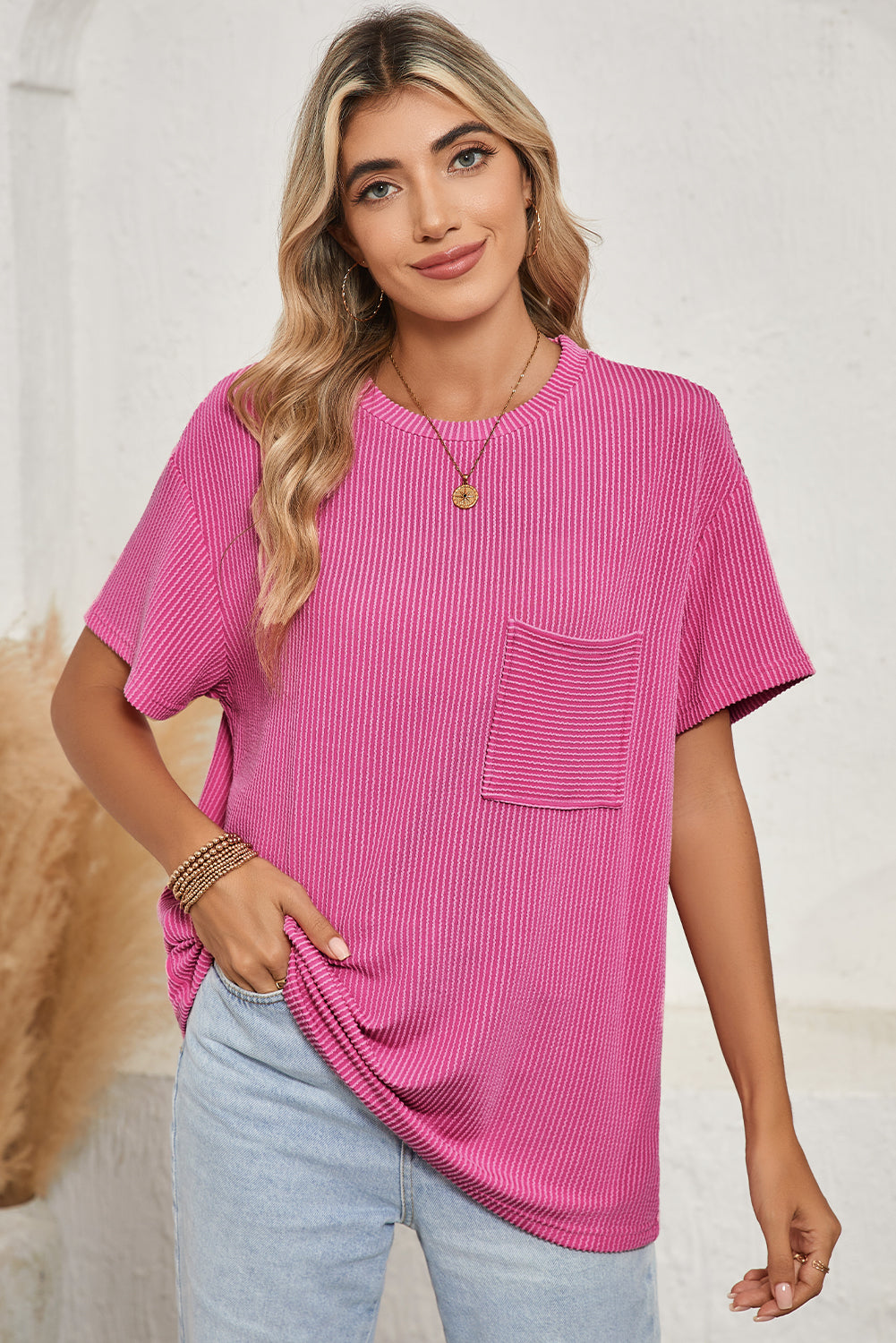 Pink Crinkle Rib Knit Pocketed Loose Fit Crew Neck T Shirt