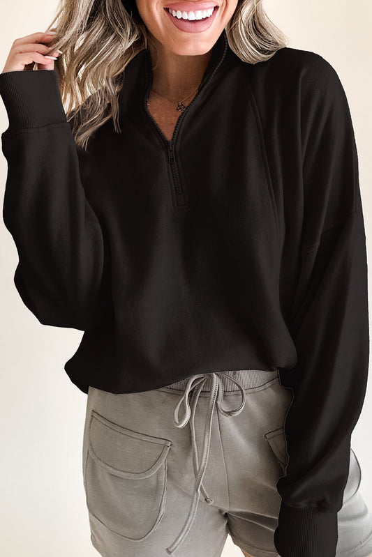 White Zipper Collared Drop Shoulder Plain Sweatshirt