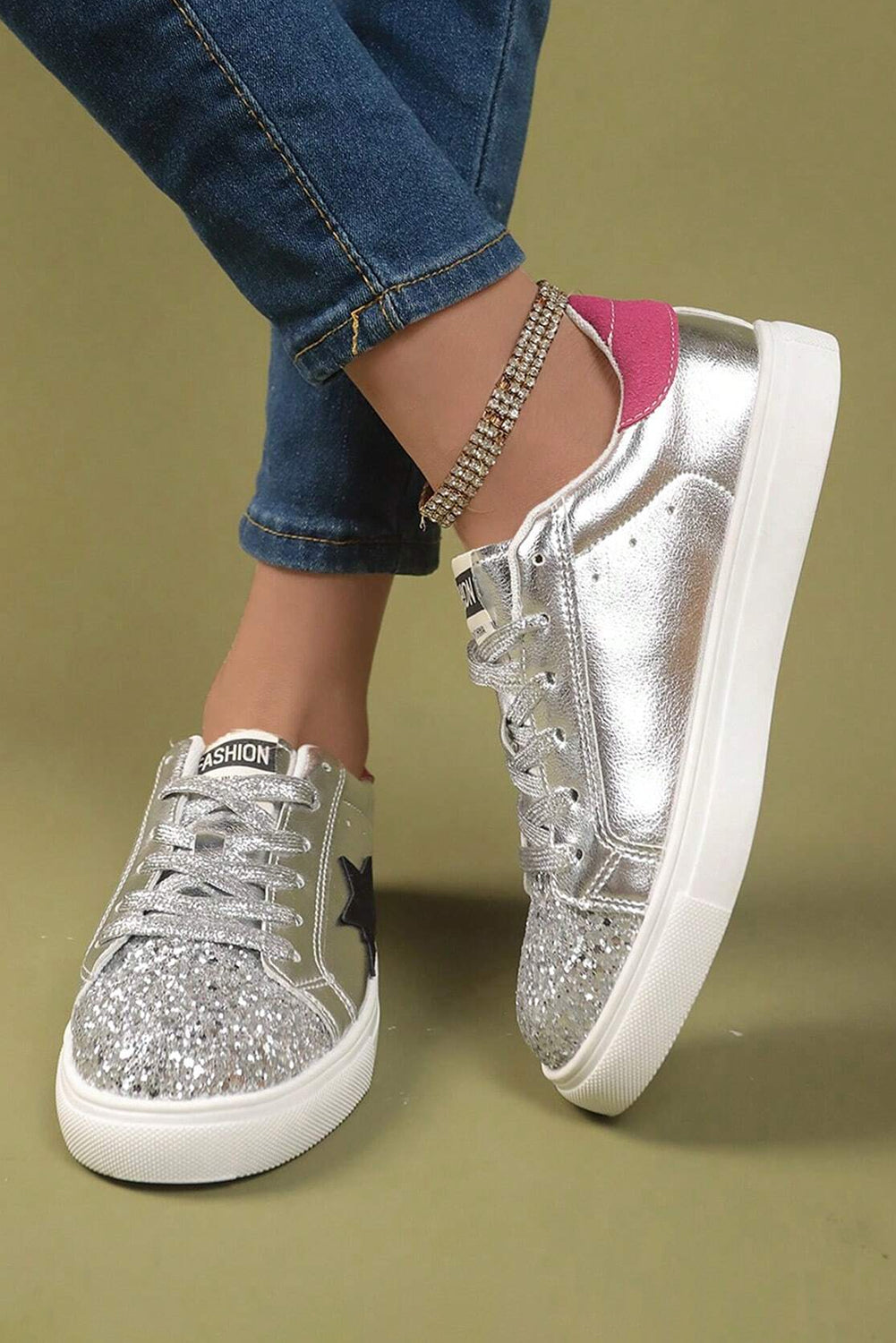 Silvery Metallic Luster Star Pattern Slip On Sneakers