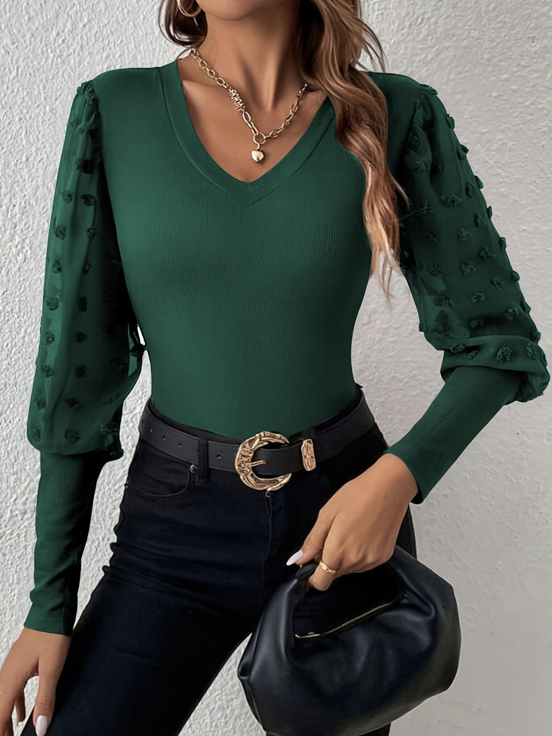 Swiss Dot V-Neck Long Sleeve Top