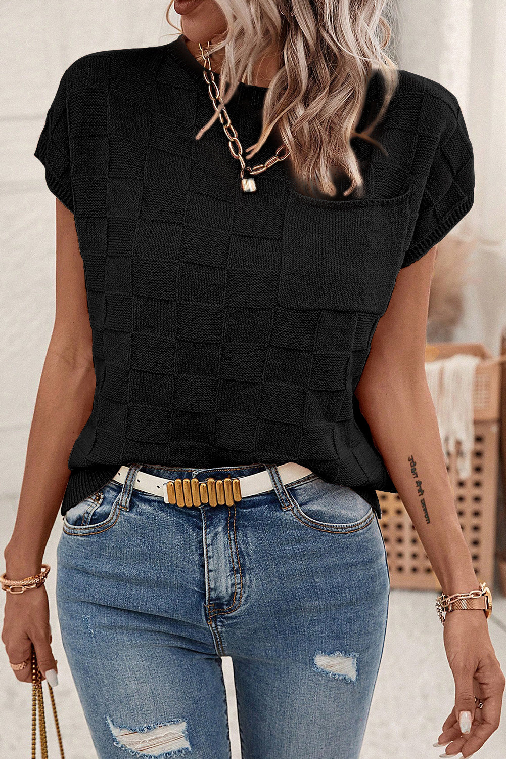 Black Lattice Textured Knit Short Sleeve Baggy Sweater