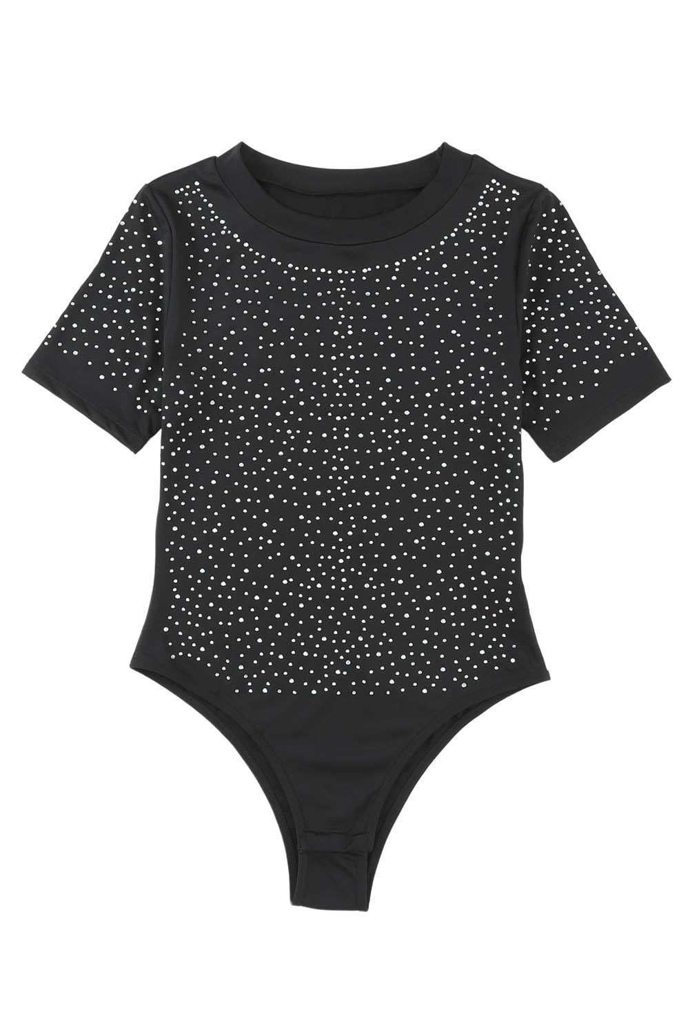 Black Rhinestone Allover Round Neck Short Sleeve Bodysuit