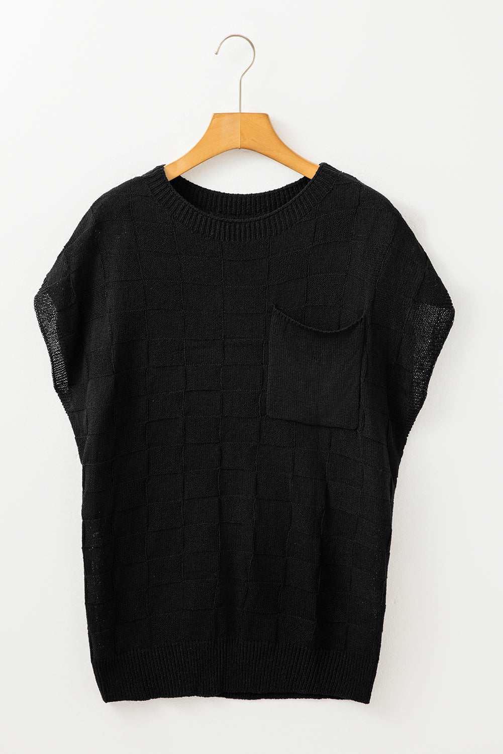 Black Lattice Textured Knit Short Sleeve Baggy Sweater