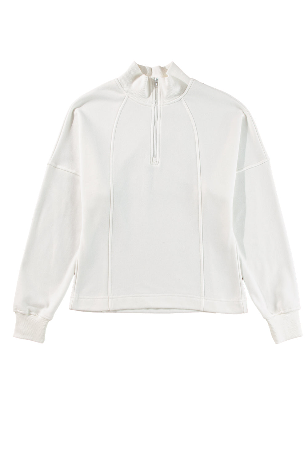 White Zipper Collared Drop Shoulder Plain Sweatshirt