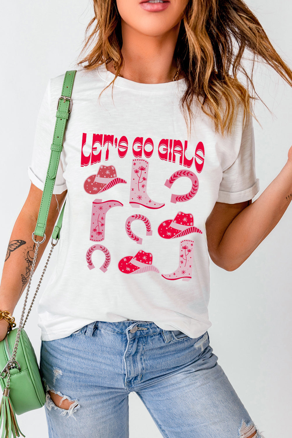 White LET'S GO GIRLS Boots & Hats Graphic T Shirt