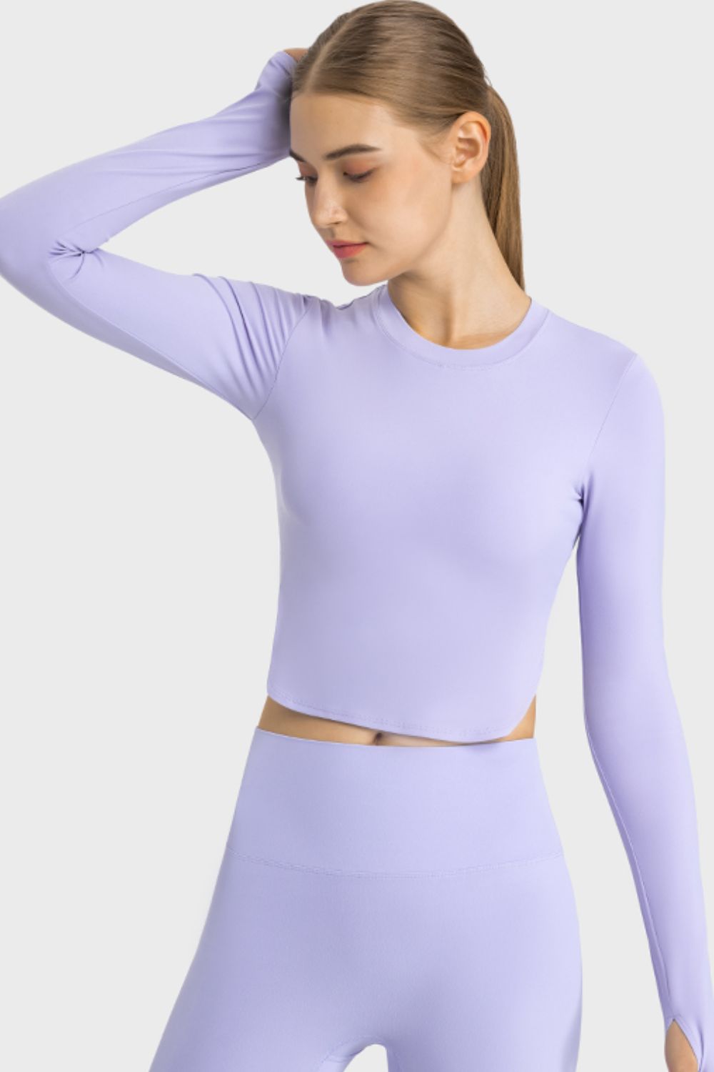 Millennia Side Slit Long Sleeve Round Neck Crop Top