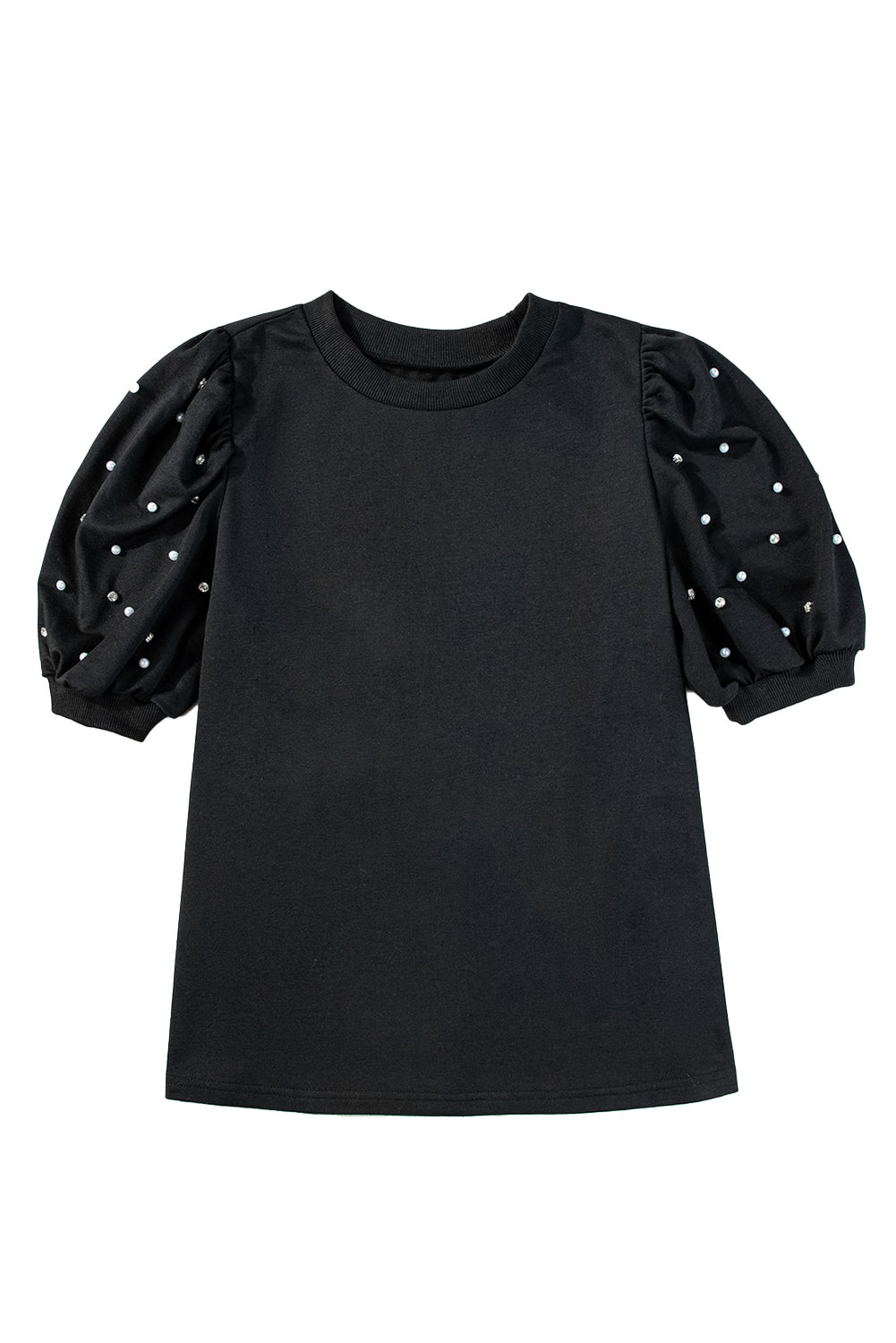 Black Rhinestone Pearl Puff Sleeve Plain T Shirt