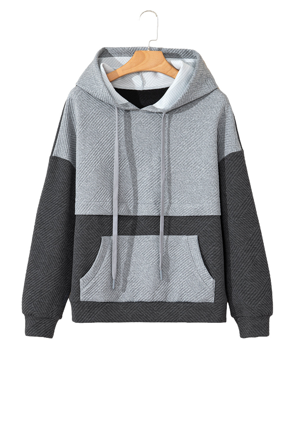 Gray Textured Patchwork Kangaroo Pocket Drop Shoulder Hoodie