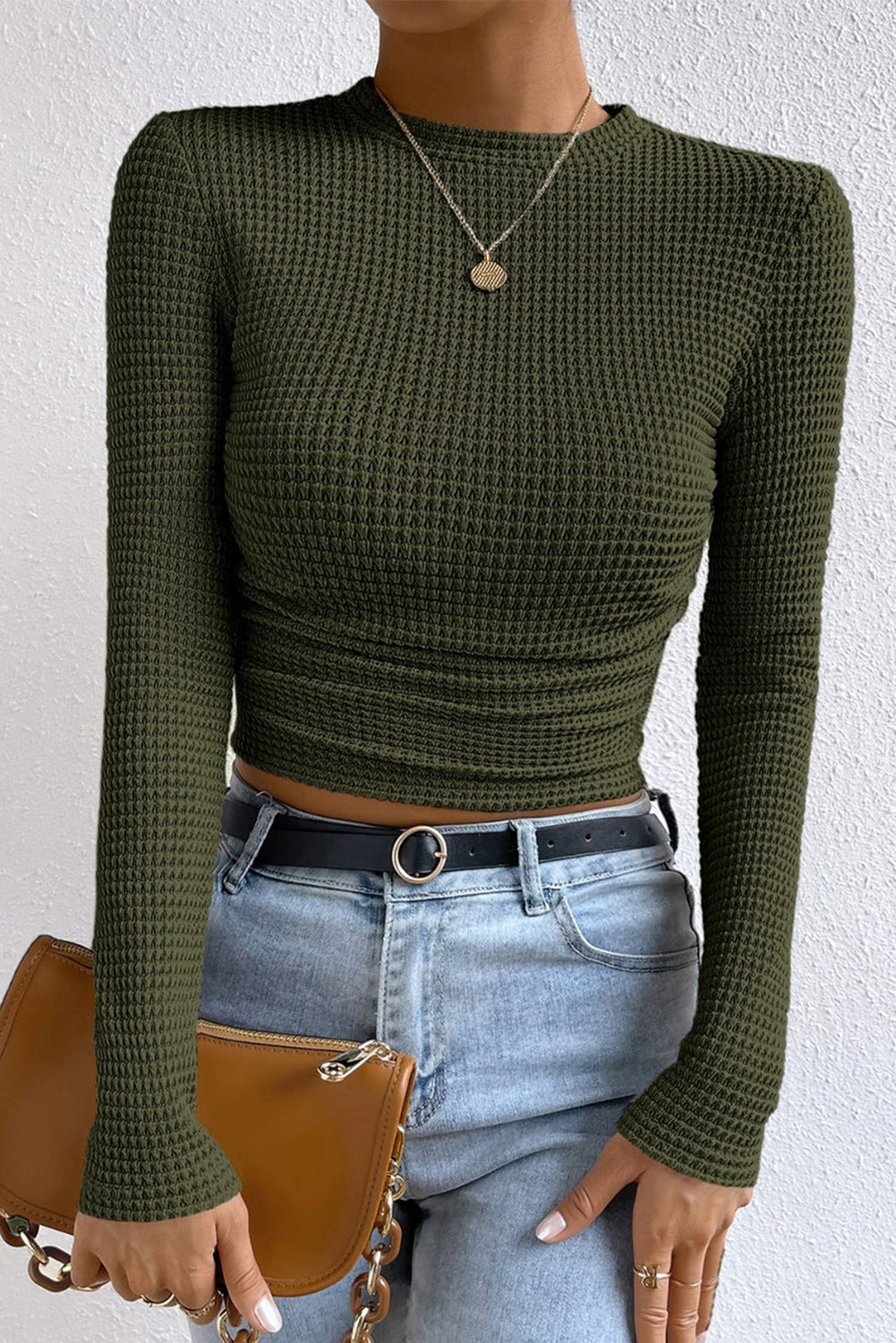 Vineyard Green Waffle Knit Cropped Long Sleeve Top