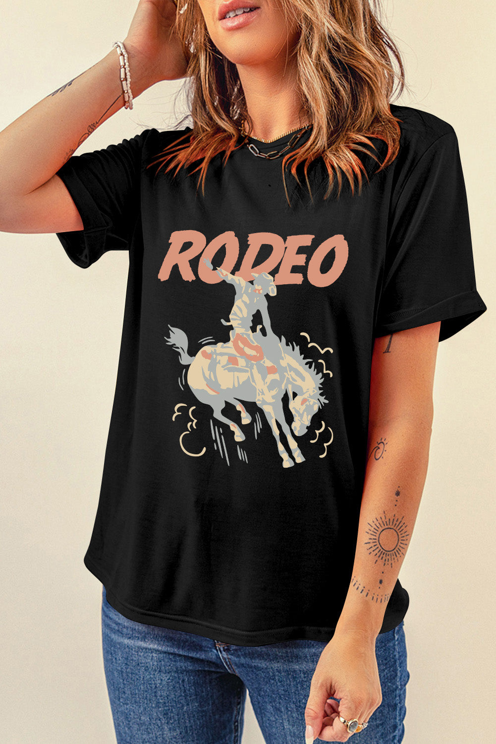 Black RODEO Horse Graphic Crewneck T Shirt