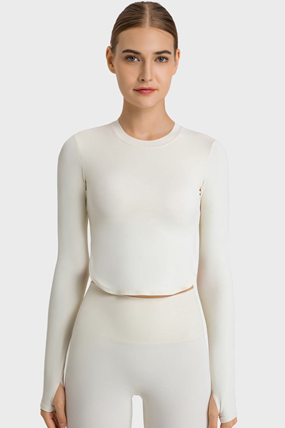 Millennia Side Slit Long Sleeve Round Neck Crop Top