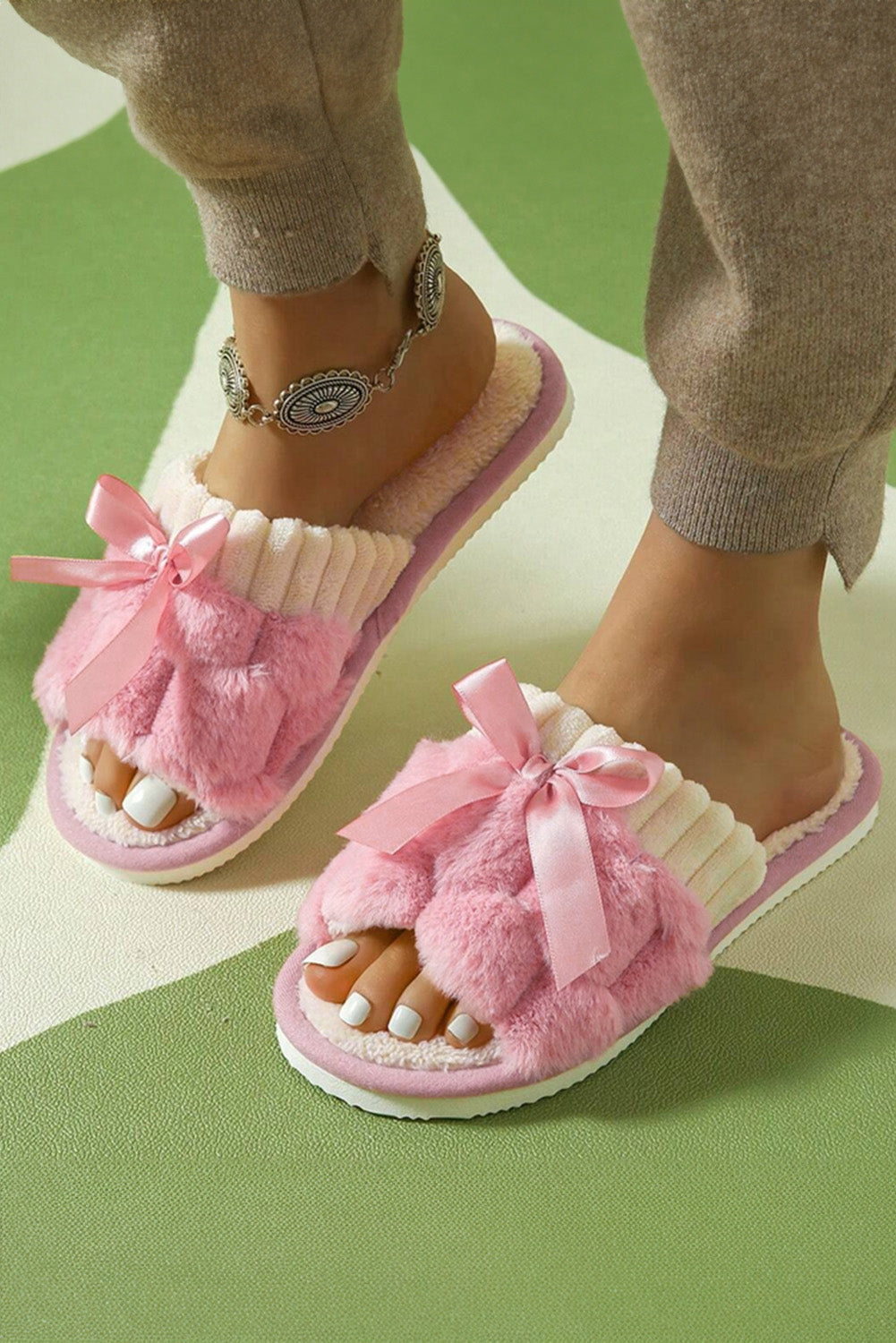 Peach Blossom Sweet Bow Fuzzy Open-Toe Slippers