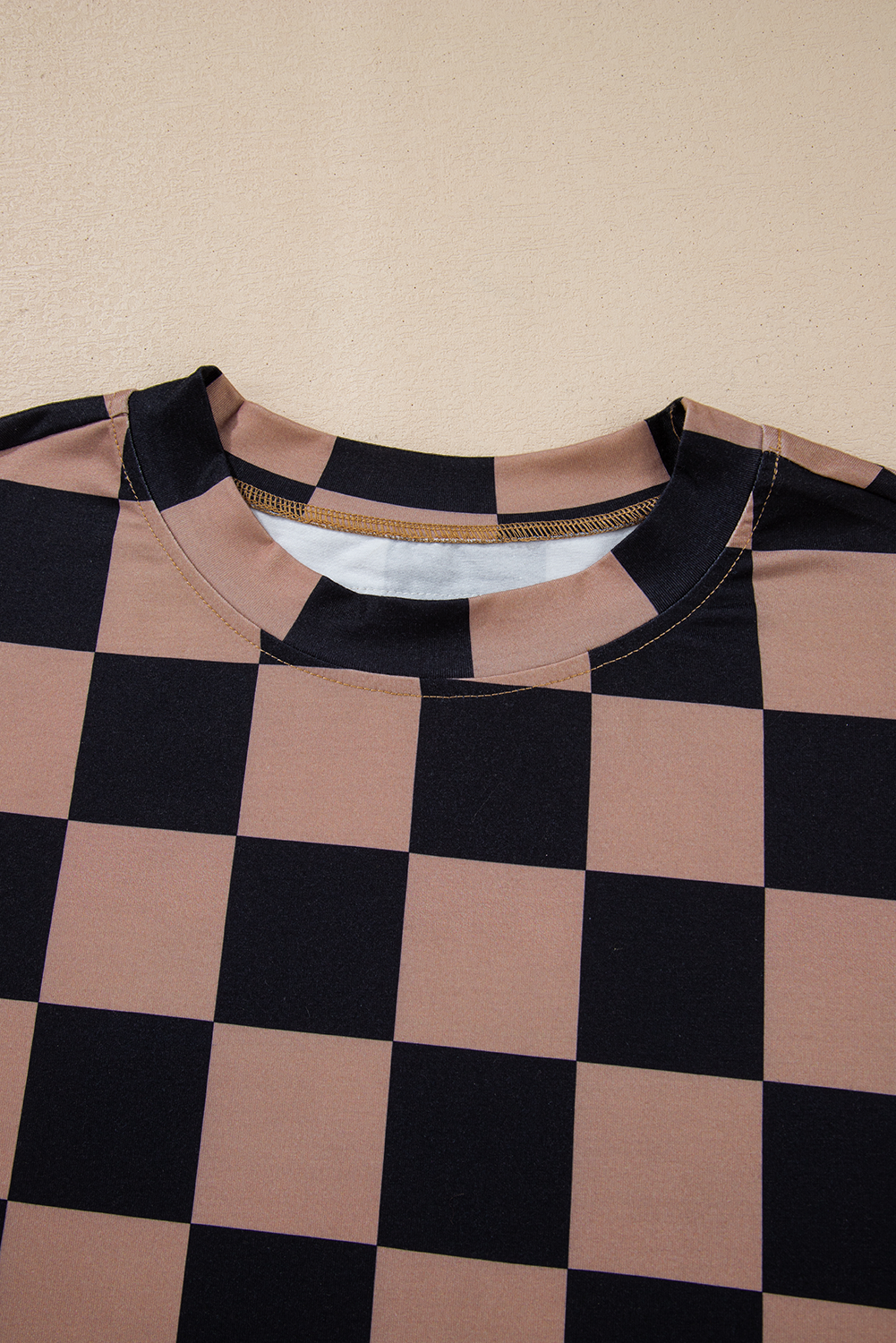 Light Beige Two Tone Checkered Crew Neck Loose T Shirt