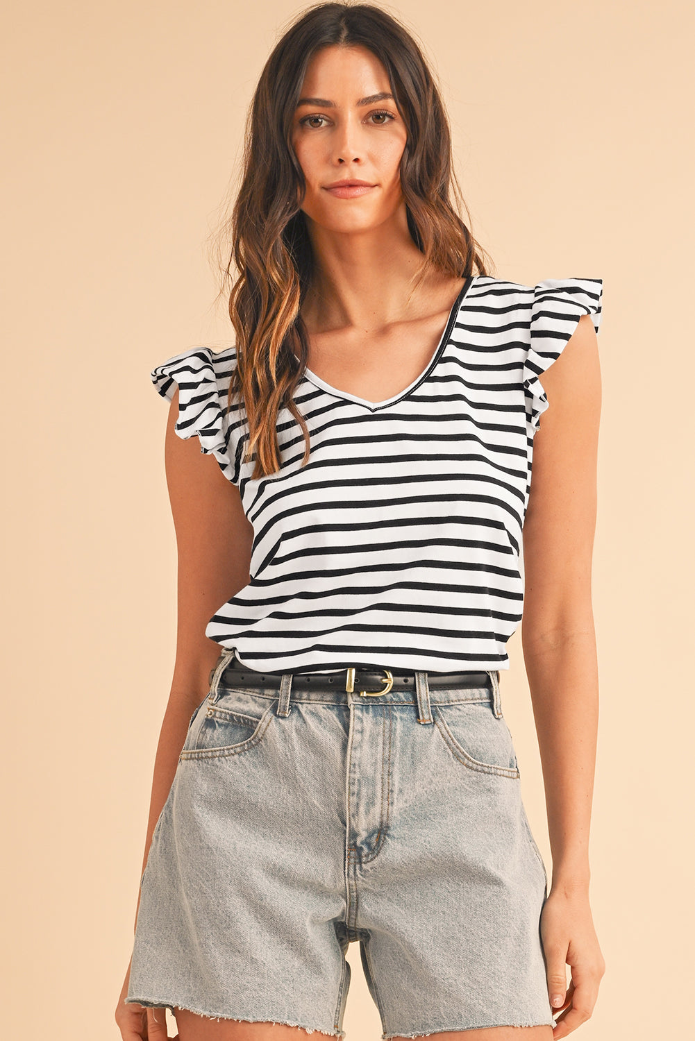 White Stripe V Neck Knotted Backless Ruffle T Shirt