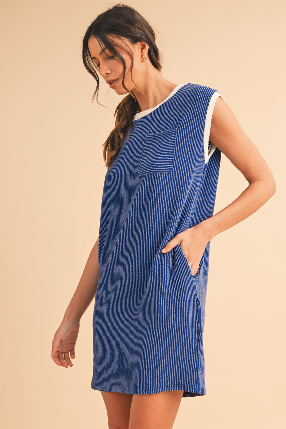 Sail Blue Cap Sleeve Ribbed T-Shirt Dress