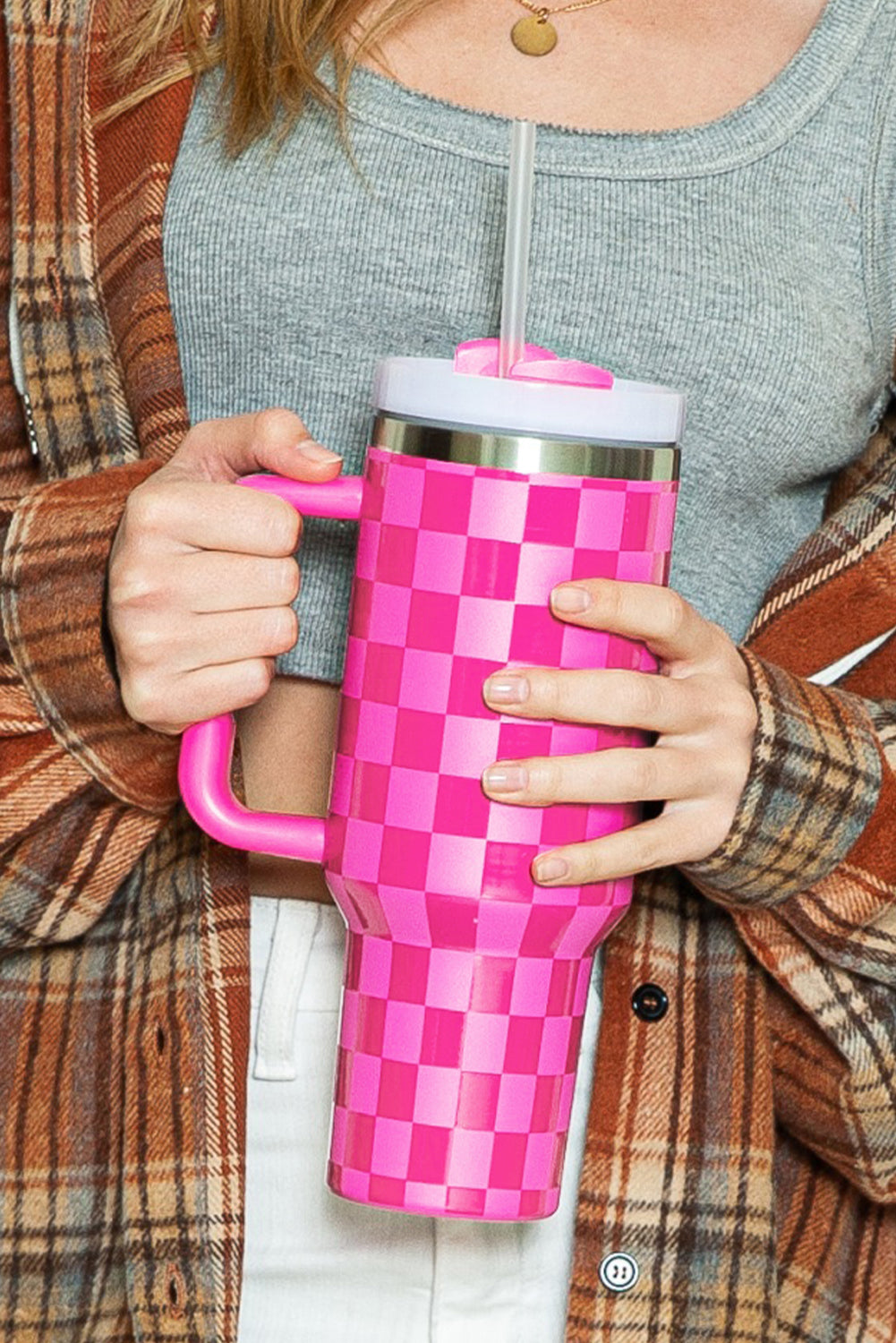 Black Checkered Print Handled Stainless Steel Tumbler Cup