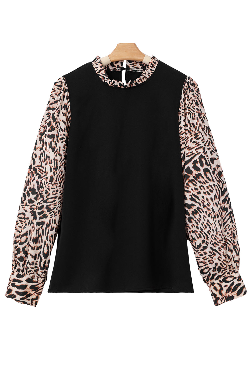 Black Leopard Print Lantern Sleeve Back Keyhole Blouse