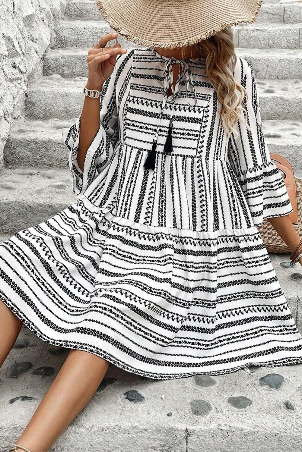 Black Striped Fringe Tie Neck Bell Sleeve V Neck Mini Dress