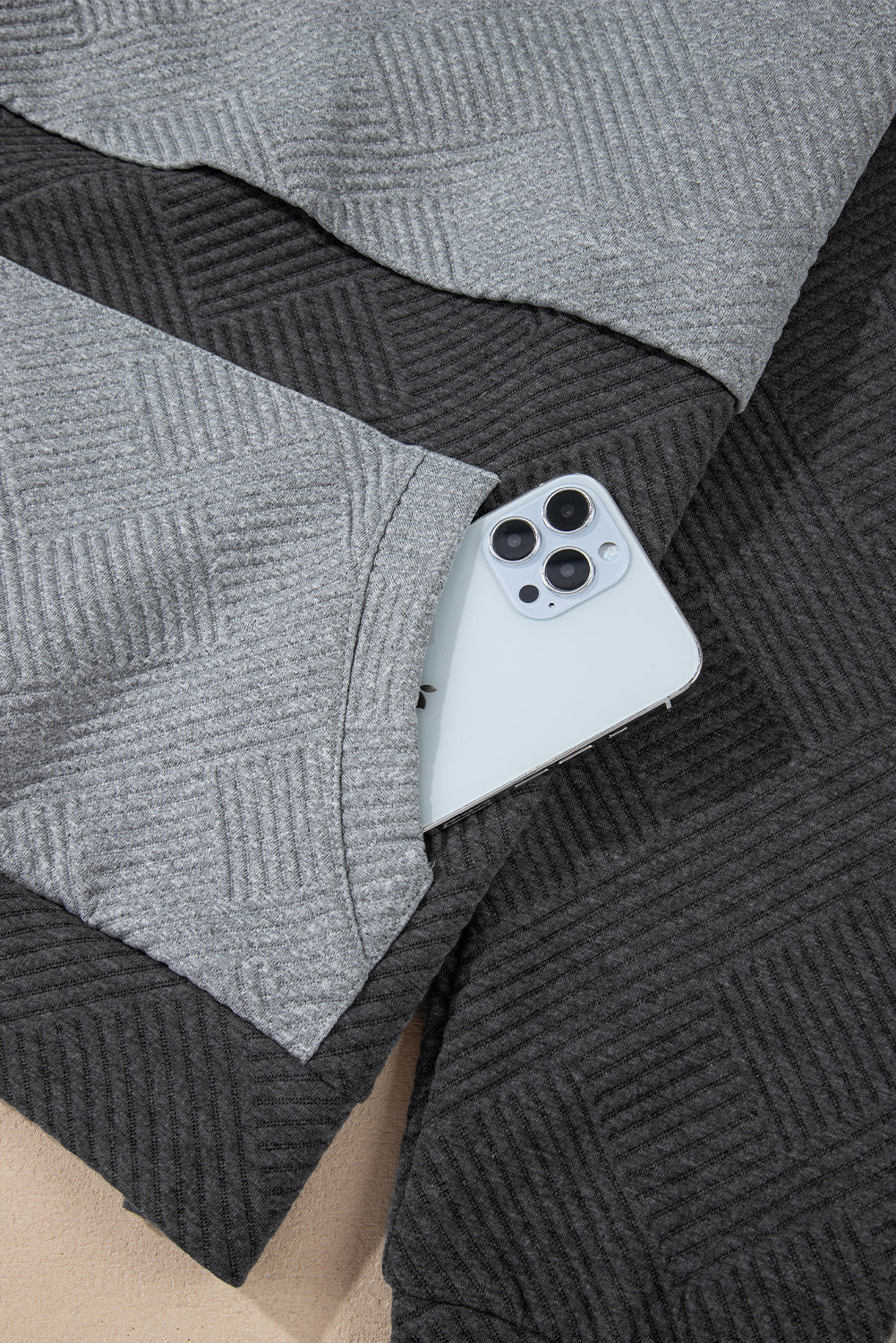 Gray Textured Patchwork Kangaroo Pocket Drop Shoulder Hoodie