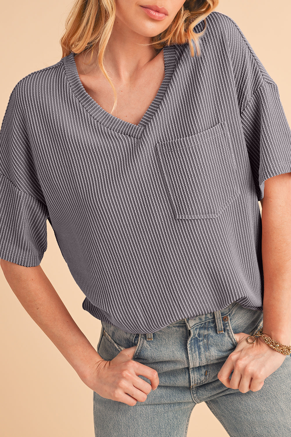 Light Grey Ribbed V Neck Pocket Drop Sleeve T-Shirt