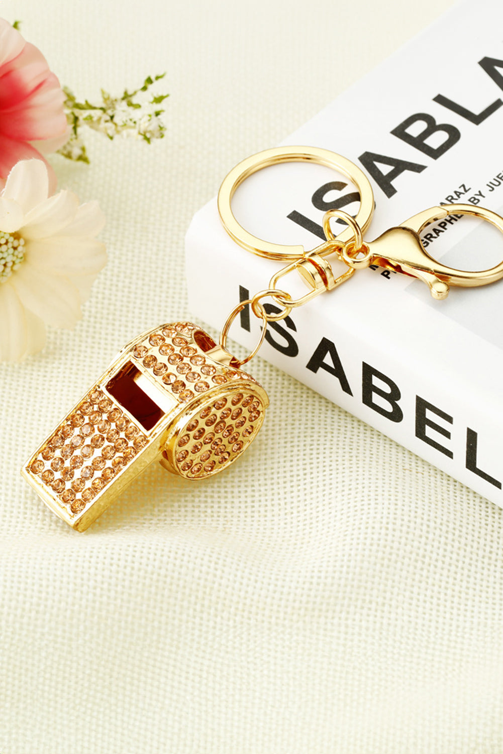 Gold Rhinestone Whistle Pendant Alloy Key Chain