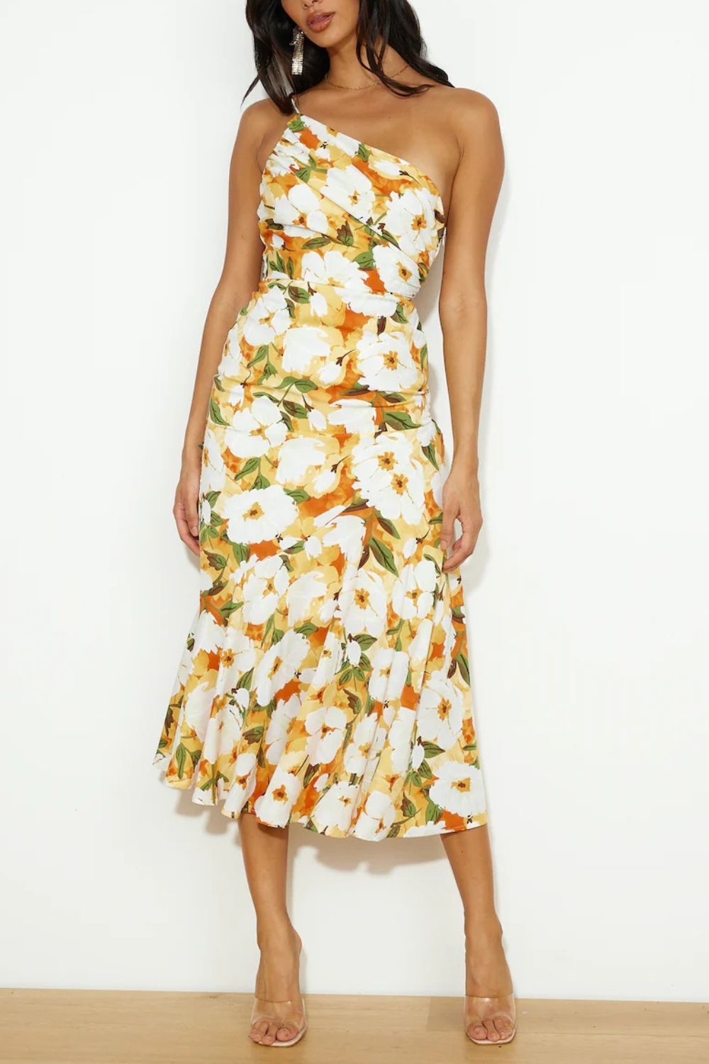 Ruched Printed Single Shoulder Midi Dress