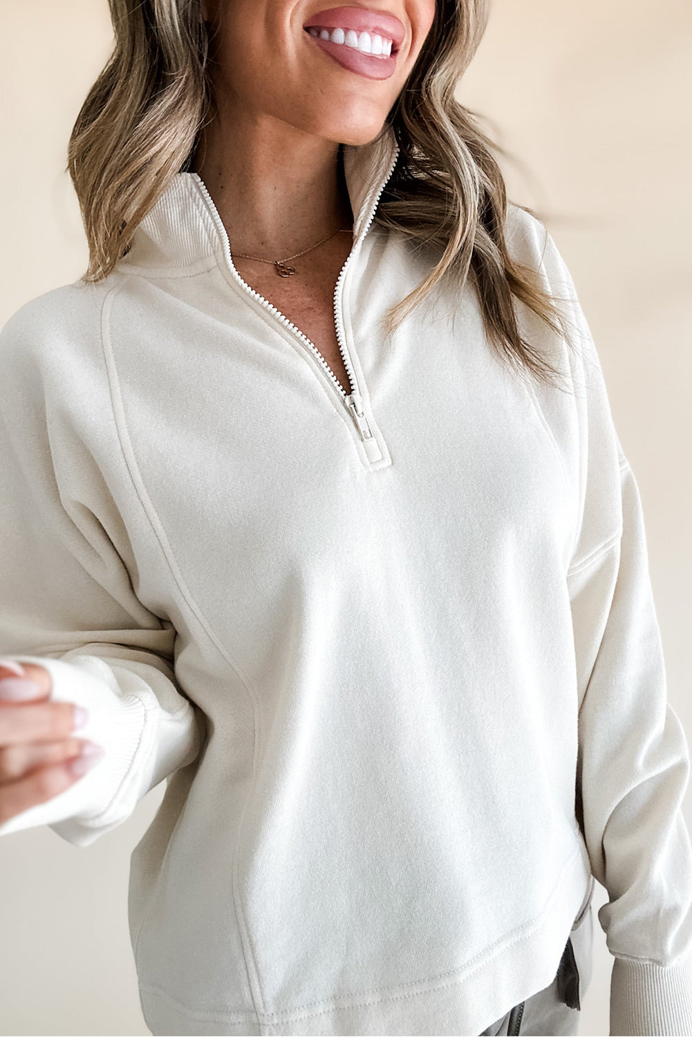 White Zipper Collared Drop Shoulder Plain Sweatshirt