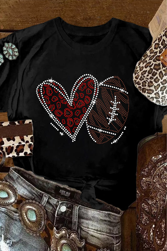 Black Rhinestone Rugby Heart Shape Graphic Crewneck T Shirt