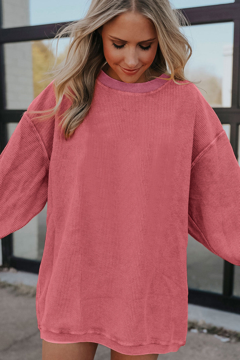 Apricot Drop Shoulder Crinkle Rib Oversized Sweatshirt