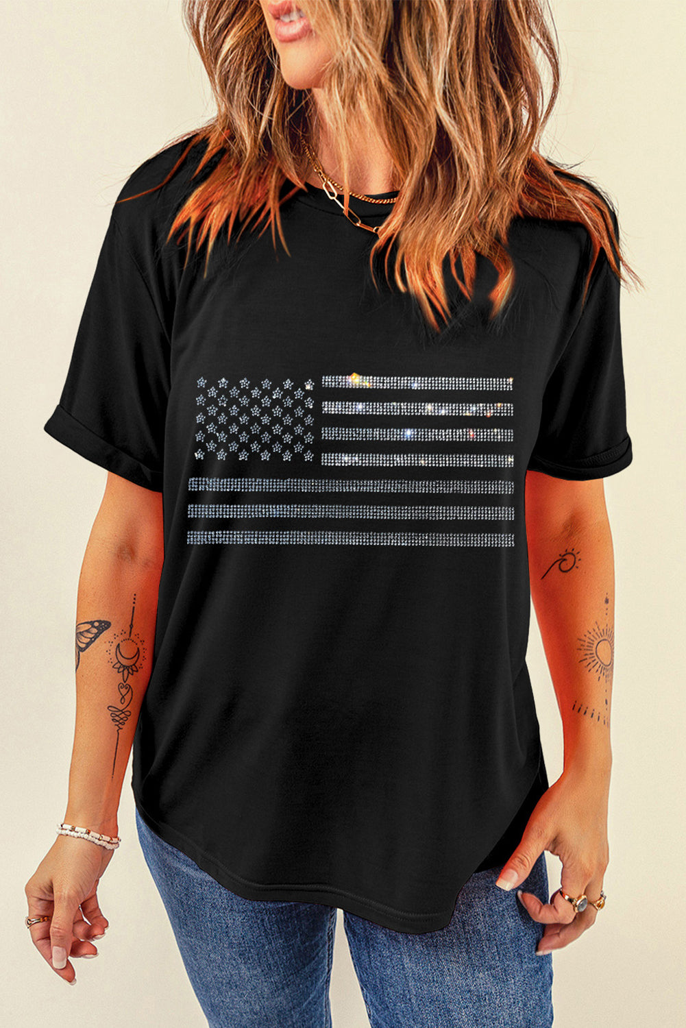 Black Rhinestone American Flag Graphic Crew Neck Tee